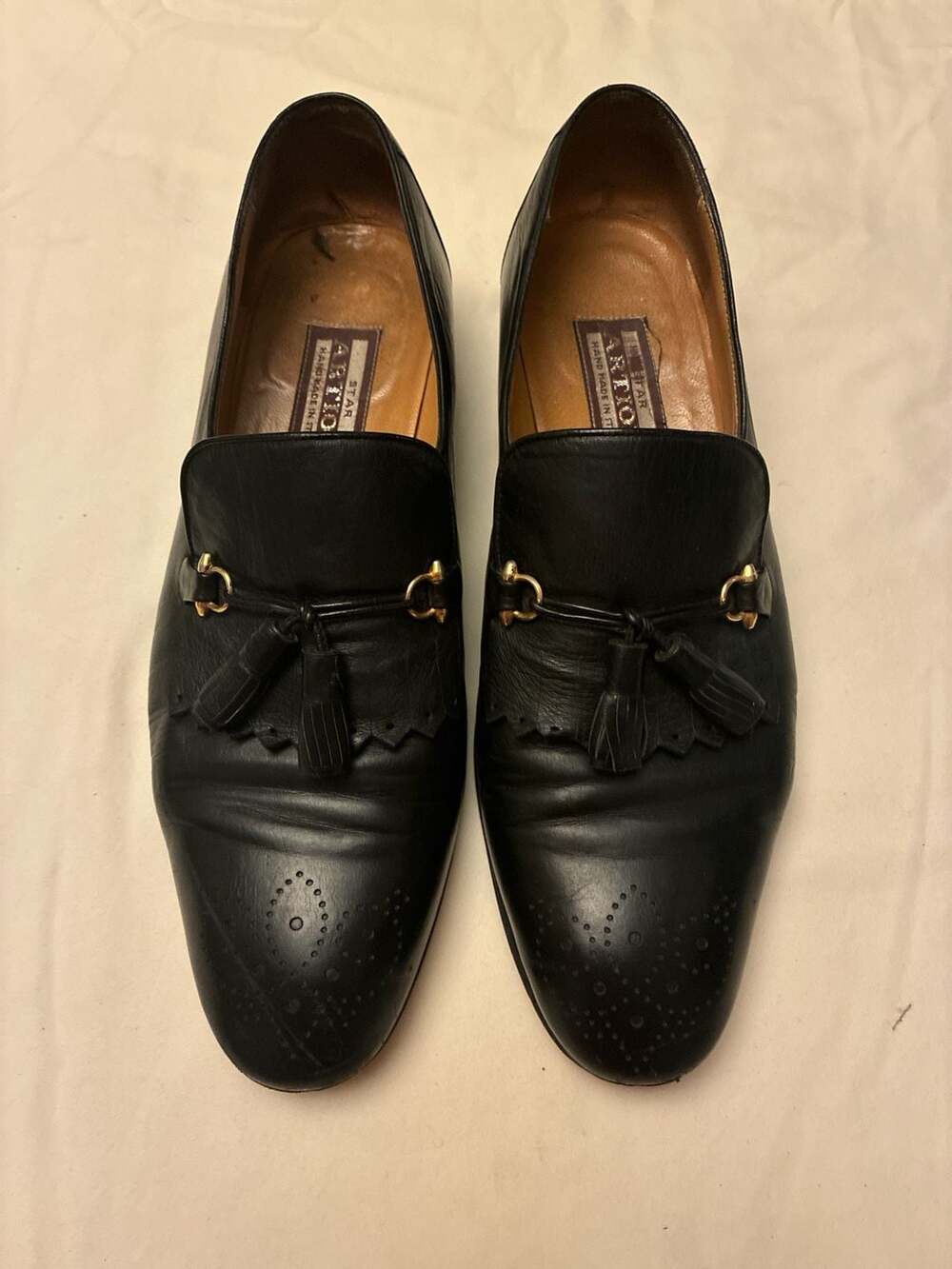 Vintage Artioli Black Leather Tassel Brogue Horsebit Loafers Men's 8